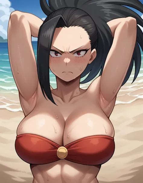 score_9, score_8_up, score_7_up, source_anime, best quality, clear face, Yaoyorozu Momo, black hair, red eyes, long spiky hair, large breasts, perfect body, bandeau-bikini, cleavage,Sweating, Blushing,angry,looking at viewer, beach, sexy, upper body, arms ...