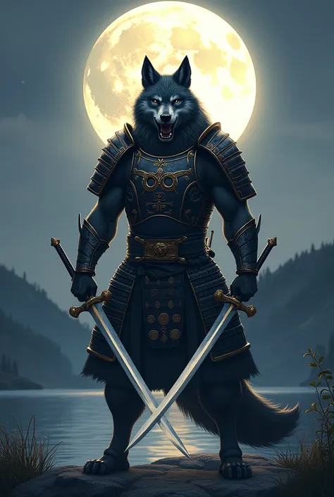 A samurai wolf holding 2 swords with a moon in the background 