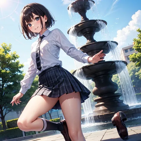 One girl、Short black hair、smile、(Small breasts)、(White ribbon)、(Long sleeve school shirt)、(Normal necktie)、(Checkered black mini skirt)、Beautiful thighs、(School socks)、(Black Loafers)、(Stand with one hand out in front of you:1.2)、Clear blue sky、In front of...