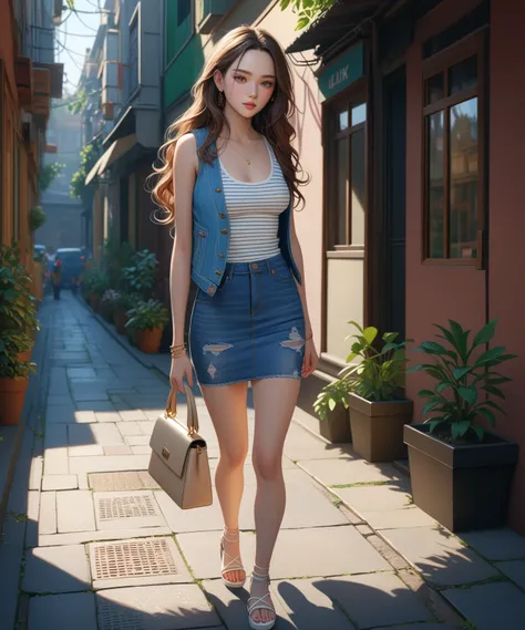 young woman, is walking alone, white van on background, she has brown long wavy hair (+forehead), wearing blue denim waistcoat (+open waistcoat), white and green striped tank top (+loosed tank top), blue denim pencil mini skirt,white heel sandals, beige ha...