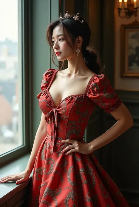 a woman in a dress near a window, curvy and bow, beautiful clothes, high fashion classy, very beautiful style, wearing an elegant outfit, intriguing outfit, adorable outfit, style combination, well - detailed outfit, pretty clothing!, elegant clothes, her ...