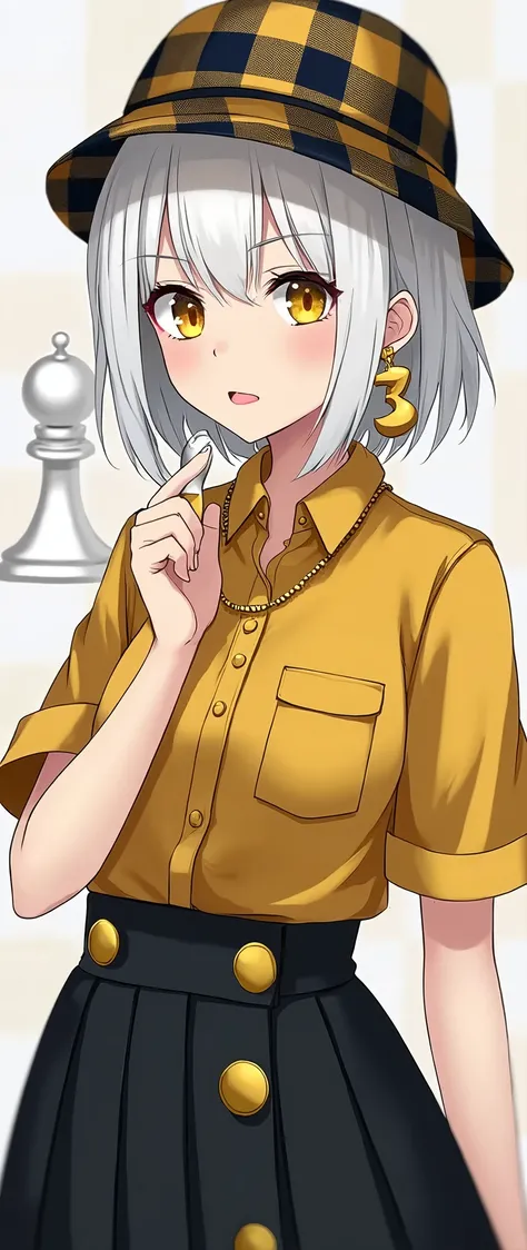 Chess themed character,(short white hair above the shoulders with a plaid bucket hat, yellow eyes, lips with black lipstick, an earring in the shape of a three on the right ear, orange in color, a gold chain with the queen piece ,a yellow button-down blous...