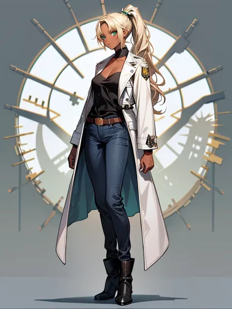 Tan skin, dark skin, hispanic skin tone, black boots, ((Green eyes)), ((loose blue jeans)), white trench coat, (no patches 1.8),  long ponytail, blonde hair