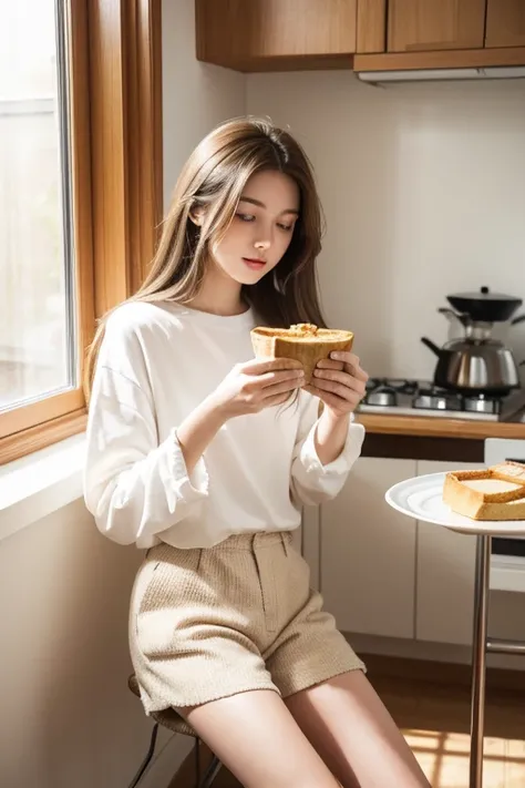 A cold white skinned light brown long haired girl with top tube and short pants is eating a plate of toast . The background is a modern room.