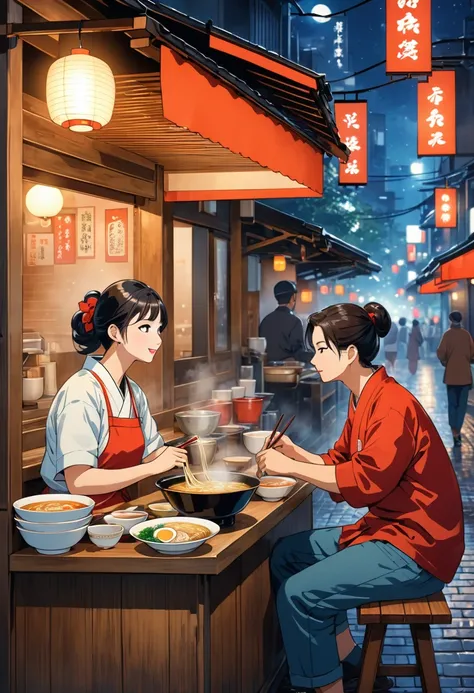 Ramen stall,A scene of a conversation between the owner and a customer,The owner is making ramen。The customers are sitting and drinking。The background is a retro downtown area。midnight。side view,