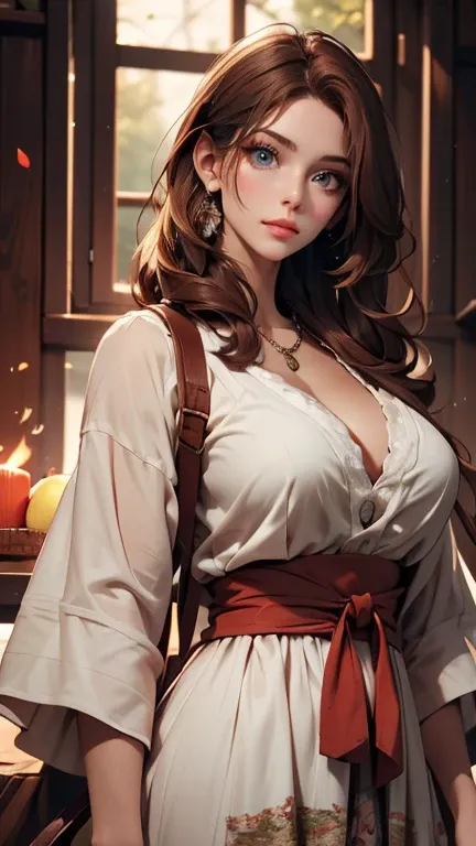 Luma is a gracious person, She is beautiful、Has a strong attitude, Her breasts are voluminous, Feminine pear-shaped silhouette, Auburn Hair, long Auburn Hair, She has expressive eyes, ( Eyes olive green) Her skin turns white、Light freckles on the cheekbone...