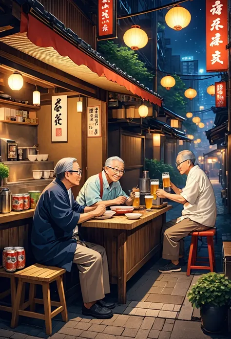 Ramen stall。A scene of a conversation between the owner and a customer。The owner is making ramen。Customers are sitting and drinking beer。The owner is an old man。The customer was a middle-aged man wearing glasses.。The background is a retro downtown area。mid...