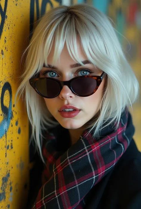 **(Dark photo: 1.1), epic realistic**, a portrait of a **beautiful woman** with **blue eyes** and wearing **sunglasses**. She has **white hair** in the style of **Atey Ghailan** and wears a **plaid scarf**. The image incorporates influences from **Greg Rut...