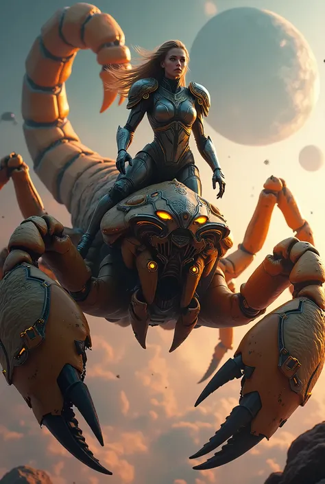 stunning armoroid lady is riding on a space scorpion, 