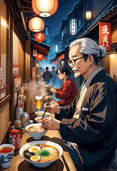 Ramen stall。The shop owner serves ramen to customers.。Customers are sitting and drinking beer。The owner is an old man。The customer was a middle-aged man wearing glasses.。The background is a retro downtown area。midnight。Peaceful atmosphere。side view。