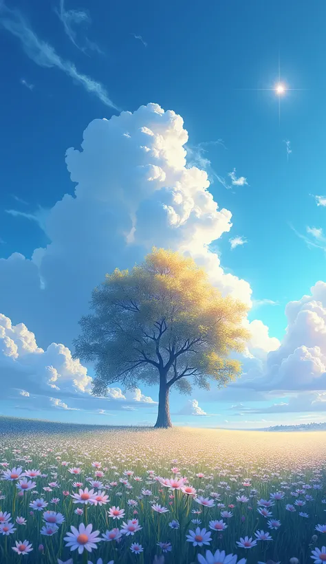 Here are a few prompts based on the image you described:
Fantasy/Anime-Inspired:
 * "A lone tree stands tall amidst a field of glowing flowers under a vibrant blue sky filled with swirling clouds and ethereal lights."
 * "In a dreamlike world, a solitary t...