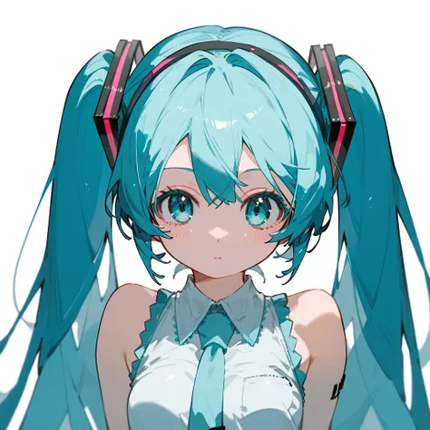 hatsune miku, light blue hair, light blue eyes, two hair bands, white background，simple background