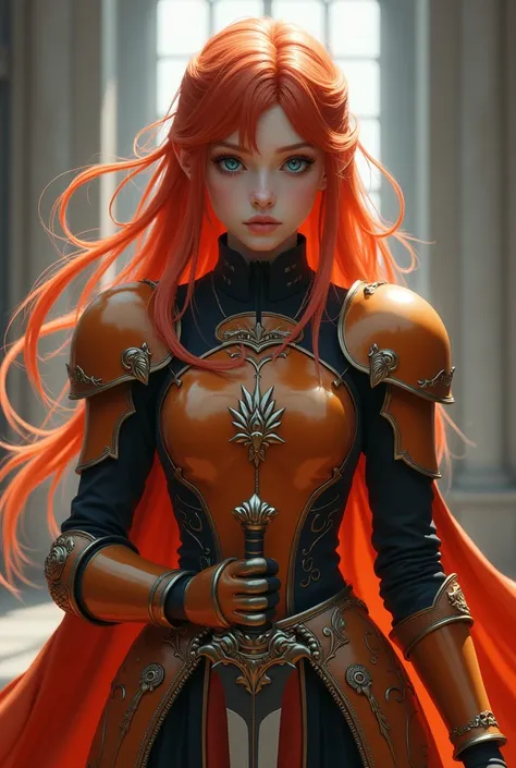 game「Final Fantasy」Theme. Image of a red-haired girl standing with her favorite sword on hand, blue safire eyes,Wearing orange, black and gold light high general armor, pastel colour, Dramatic Tone. Facing front to audience. Full posture potrait.  Highest ...