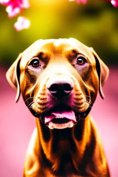 brown pitbull smiling at the camera with head tilited, gold eyes, closeup, portrait, solo, artistic, soft light, cherry blossoms...