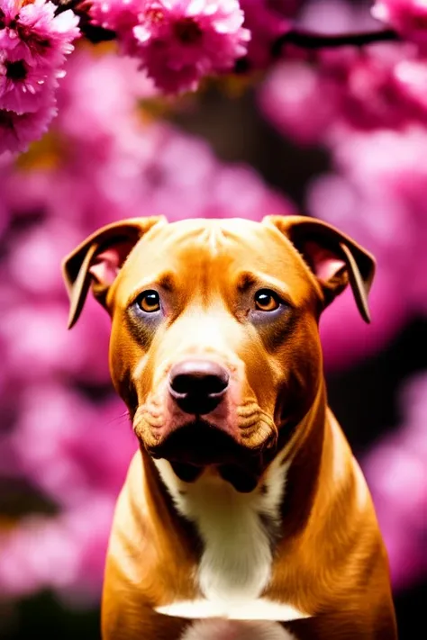 brown pitbull smiling at the camera with head tilited, gold eyes, closeup, portrait, solo, artistic, soft light, cherry blossoms...