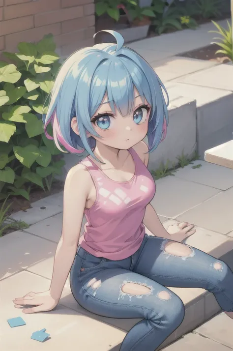 (masterpiece, best quality), 1girl, Hot pink Textured Bob, medium breasts, Baby blue Tie-dye tank top with a knotted front detail. and Jeggings, kneesocks, Sitting with one knee bent, looking thoughtful