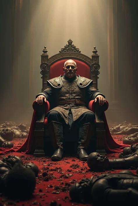 a powerful leader sitting on a grand throne, surrounded by a large pile of defeated bodies, highly detailed, cinematic, dramatic lighting, muted warm color palette, photorealistic, masterpiece, 8k