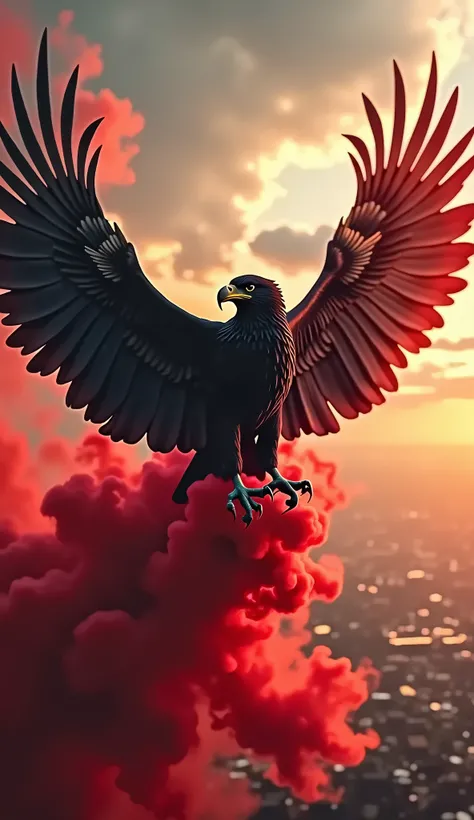 “A massive black eagle representing Al Ahly SC soars over the African continent, its wings wide open, exuding power and dominance. Red smoke pours from the eagle’s talons, spreading over Africa, symbolizing Al Ahly’s dominance in football. The dramatic sky...