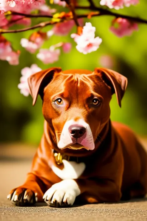 cute brown pitbull smiling at the camera, gold eyes, closeup, portrait, solo, artistic, cherry blossoms in the background, blurr...