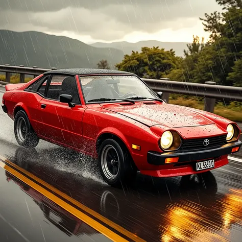 a red Toyota Celica TA40 sports car on a highway in the rain, rain drops on the car, detailed license plate KL 5959 Q, dramatic lighting, cinematic atmosphere, (best quality,4k,8k,highres,masterpiece:1.2),ultra-detailed,(realistic,photorealistic,photo-real...