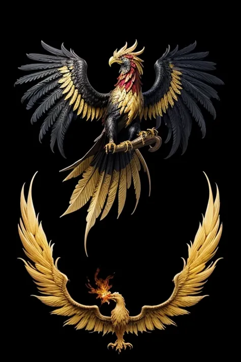 Create a logo with a phoenix representing royalty with black colors, GOLDEN, red and emerald