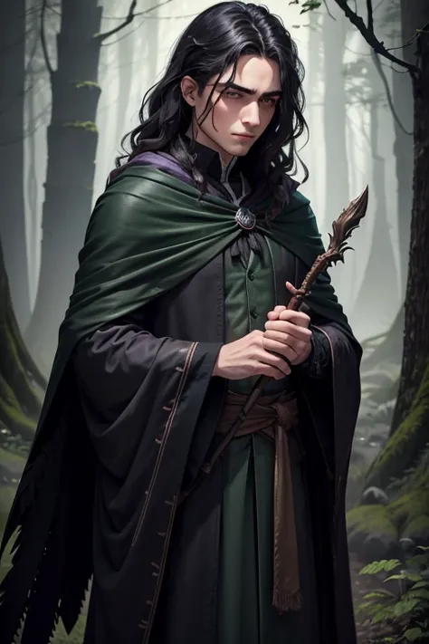 The character is a young man with dark, wavy hair., with a serious expression and a slight blush on her cheeks, along with a dark robe. He holds a staff with a raven head design and has a green-eyed black cat on his right shoulder.. The background is a for...