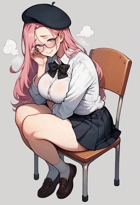 Full body, siitting on chair in school, Black beret on head ,sexy nerd girl, sexy pose, sexy scene, shy smile and flushed, freckles on the face, fuchsia pink Long hair, square glasses, black bow tie, loose school uniform, black mini skirt, Milf, big breast...