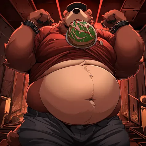 Hot anthro bear, very fat, manly, round gut, about to burst, he is stuffing his mouth full, masculine, everywhere is fast food, his gut is blowing up, his belly is absolutely massive, fatter, fattest gut on earth, obese, ((huge cakes crawl into his mouth))...