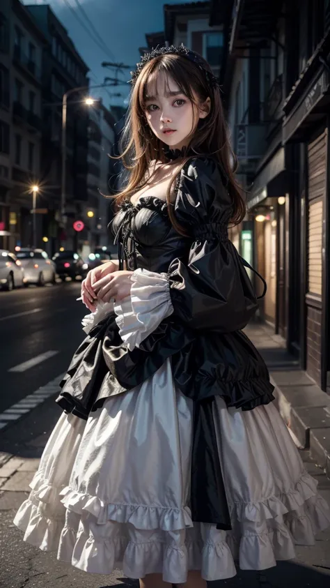 one girl, (a beauty girl, delicate girl:1.3),Full Body Shot、(1:1.3),, (Gothic Taffeta Frill, :1.3), Definition of very fine particles, (Symmetrical eyes:1.3), (Street View:1.3),  Small breasts, Brown eyes,Big eyes、Droopy eyes、 Parted bangs, Brown Hair, gir...