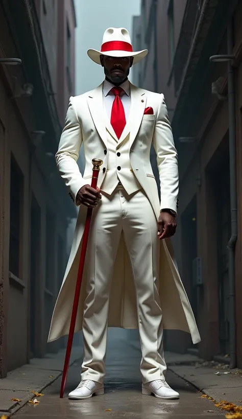  black man in a white suit with red details in a white shirt a red tie in a white hat with a red ribbon with a staff in his hand in an alley