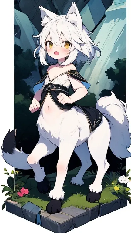 Wolf Girl、Age 15、naked、tall、Two human arms、Four Wolf Paws、quadruped、Delicate face、Wolf ears、Silvery white hair、Silvery white fur、Flat Chest、Clothes、Sharp Claws、super high quality