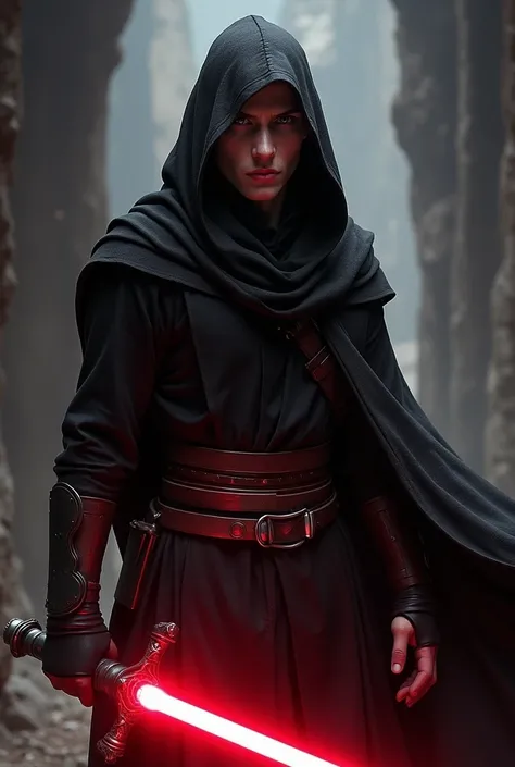 Sith dune vingtaine dannées, il porte des vêtements de Sith et son sabre laser est rouge. Il affiche un regard froid et cruel. Il est en position de combat.