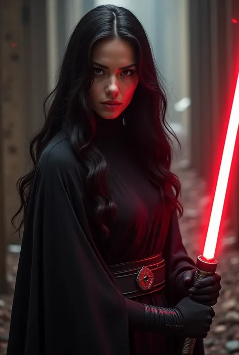 Belle Femme Sith dune vingtaine dannées, elle a des longs cheveux noirs, elle porte des vêtements de Sith et son sabre laser est rouge. Elle affiche un regard froid et cruel. Il est en position de combat.