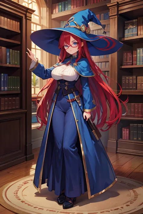 Red hair, long hair, witch, big breasts, blue clothing, pointed hat ,glasses, young adult, Blue eyes, mage, shy. full body, Library background, spellbook