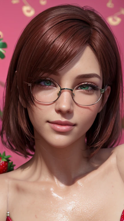 portrait, close-up, upper body. Short, red hair, Green eyes, glasses with metal frames, green bra, cheerful smile, happy girl . (masterpiece, top quality, best quality, official art, beautiful and aesthetically pleasing:1.2), extremely detailed,(fractal ar...