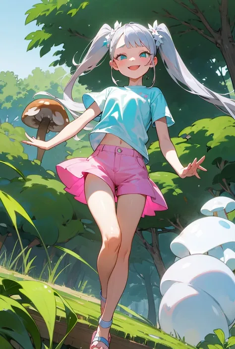 Silver-gray twin tails swaying in the wind、A girl with sparkling emerald eyes。White T-shirt and pink shorts、Stroll through the botanical gardens in sports sandals。Crush the mushrooms at your feet with your right foot.、White fluid oozing out。She has a smile...