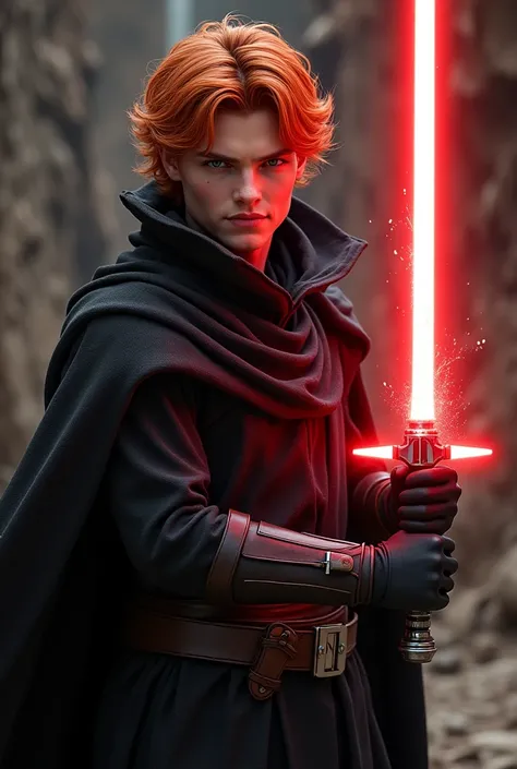 Jeune homme roux dune vingtaine dannées, il porte des vêtements de Sith et son sabre laser est rouge. Il a un regard froid et cruel, il affiche un sourire cruel. Il est en position de combat, Réaliste.