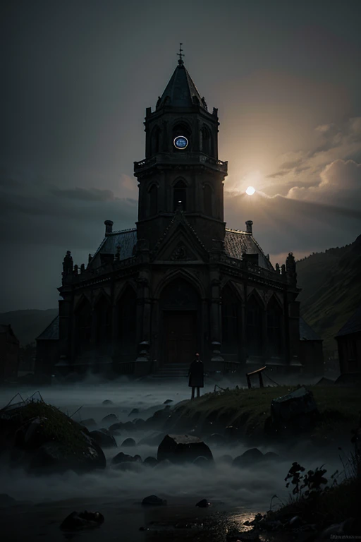 (Masterpiece, highest quality, Trends in Artstation) cinematic, portrait, (A demonic monster), emerging from a ruined church, gothic landscape, swirling fog, h.p. Lovecraft, cosmic horror, victorian,