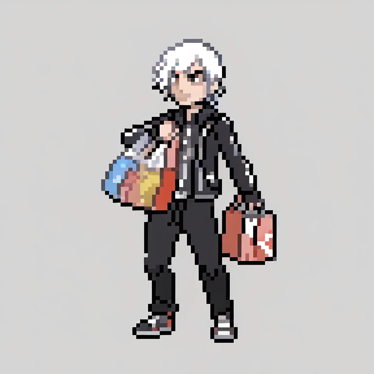 Gerard Way, wearing a black jacket, carrying lots of plastic bags and gym bags,
simple background