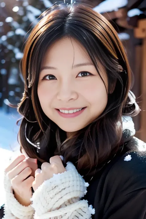 A slender Japanese woman looking at the camera、Cute face、smile、Snow in the background、High resolution、High resolution画像、I exhale and warm my hands