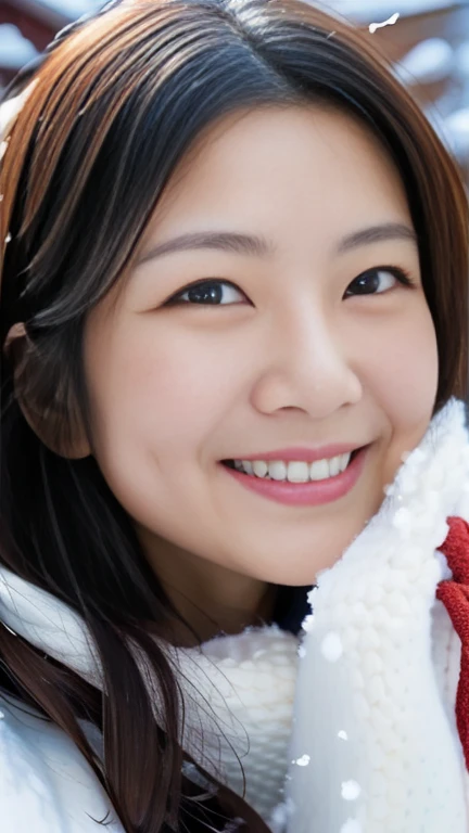 A slender Japanese woman looking at the camera、Cute face、smile、Snow in the background、High resolution、High resolution画像、I exhale and warm my hands
