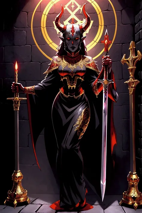 hyperdetailed, Full body photo, terrifying demon woman. black horns,cuernos extremely detailed, bright eyes, red eyes, big sword, Gold ornaments, extremely detailed, spooky church background