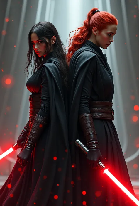 Belle Femme Sith dune vingtaine dannées, elle a des longs cheveux noirs, elle porte des vêtements de Sith et son sabre laser est rouge. Elle affiche un regard froid et cruel, elle affiche un sourire cruel. Elle est en position de combat elle est avec  un j...