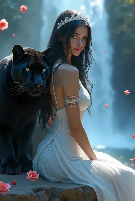 a beautiful woman with long, straight, jet-black hair, intense blue eyes, dressed in a tight white dress, Sitting on a stone with a beautiful waterfall in the background. Rose petals fall, She is with a large black panter epict. She wears a diamond crown, ...