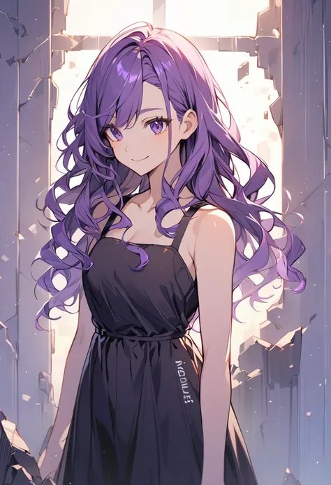 upright, A girl,Solitary, Hello, Purple hair, Very long hair, Wavy hair, Side bangs, Broken hair, Smile, Tube Top Dress, Sleeveless standing，Slightly tilt your head