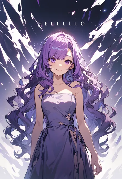 upright, A girl,Solitary, Hello, Purple hair, Very long hair, Wavy hair, Side bangs, Broken hair, Smile, Tube Top Dress, Sleeveless standing，Slightly tilt your head