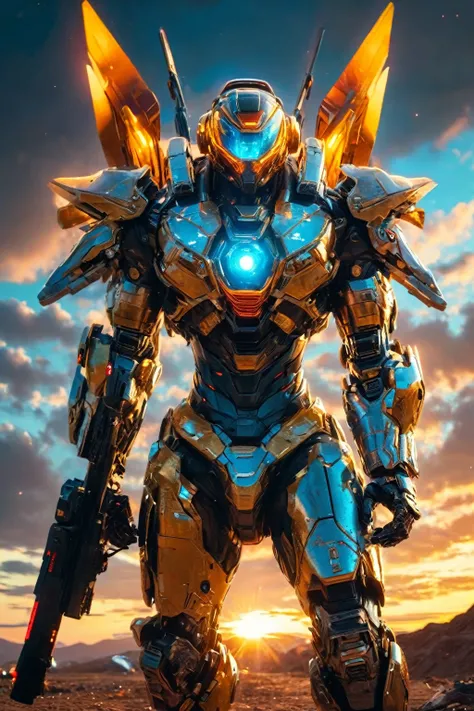 ultra epic masterpiece (((Galaxy Stars Nebula Space Dawn Evening_distant glow_see nice sunset_colorful colors wide angle_lens shot_positive night_naturalistic film_style))) Mecha-Mecha Warrior_Deep Equatorial Urban Highway of the Hero of Arms_wicking suit ...