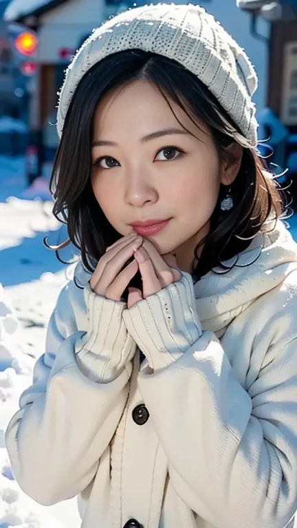 (Best Quality,4K,8k,High resolution,masterpiece:1.2),Very detailed,(Realistic,Realistic:1.3),A slender Japanese woman looking at the camera、wife、4、Cute face、smile、Snow in the background、High resolution、High resolution画像、(I exhale and warm my hands:1.5)、Kni...