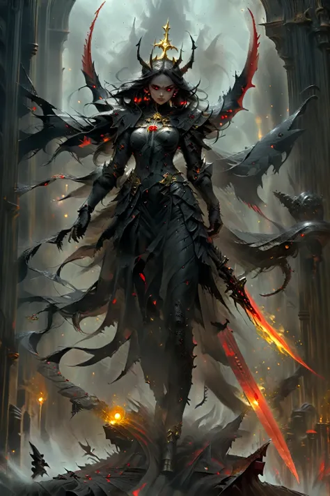 hyperdetailed, Full body photo, terrifying demon woman. black horns,cuernos extremely detailed, bright eyes, red eyes, big sword, Gold ornaments, extremely detailed, black scary church background, dense low fog