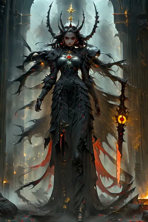 hyperdetailed, Full body photo, terrifying demon woman. black horns,cuernos extremely detailed, bright eyes, red eyes, big sword, Gold ornaments, extremely detailed, black scary church background, dense low fog